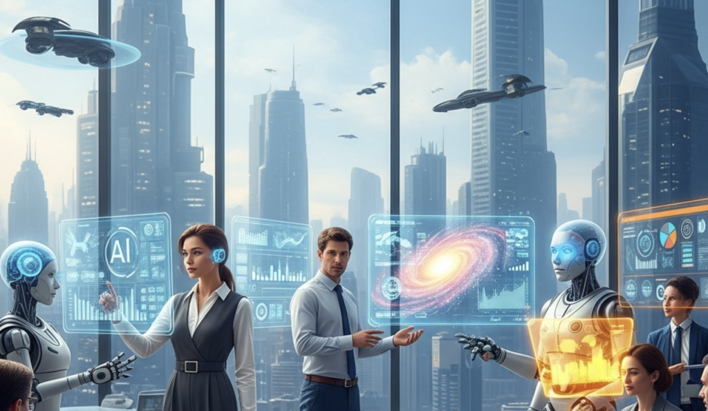 A diverse team of professionals collaborating in a futuristic, modern office with integrated digital interfaces and data visualizations, conveying a bright and forward-looking atmosphere.