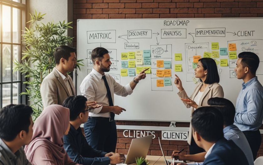 MatrixC consultants and a diverse Malaysian client team collaborating in a workshop. A whiteboard with a 'roadmap' is in the background, reflecting a focused, creative problem-solving atmosphere."
