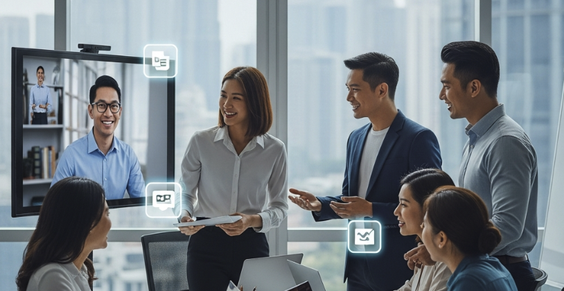 A diverse Malaysian team collaborates in a modern Kuala Lumpur office, seamlessly working with a remote colleague on a video screen, symbolizing efficient hybrid work and digital productivity.