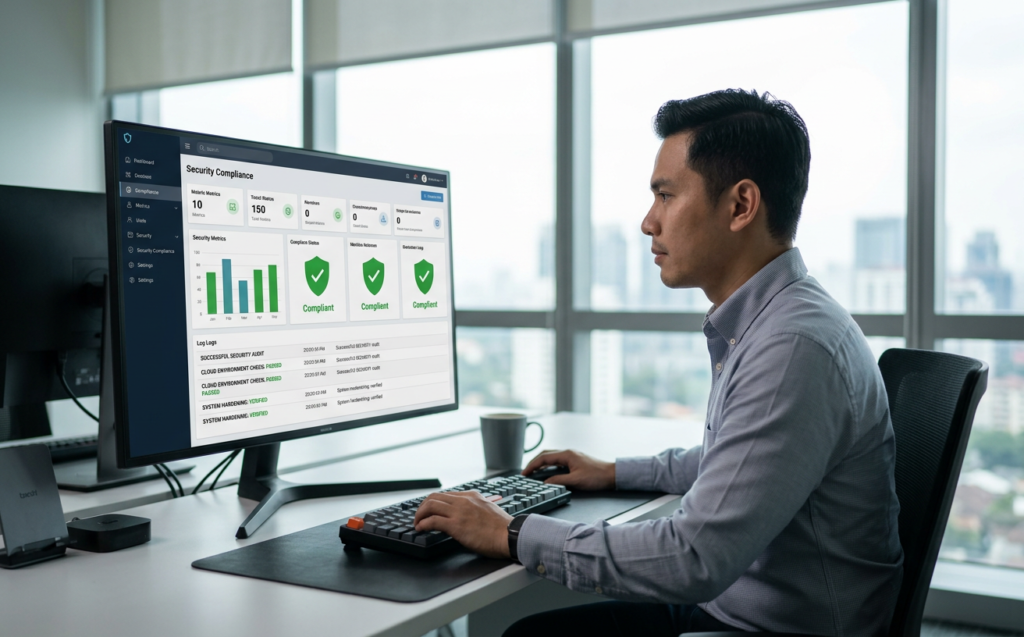 IT administrator looking at a clean, modern security audit dashboard displaying green checkmarks and secured cloud connections.