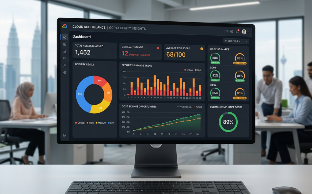 Cloud Security dashboard showing GCP Auditglance risk findings