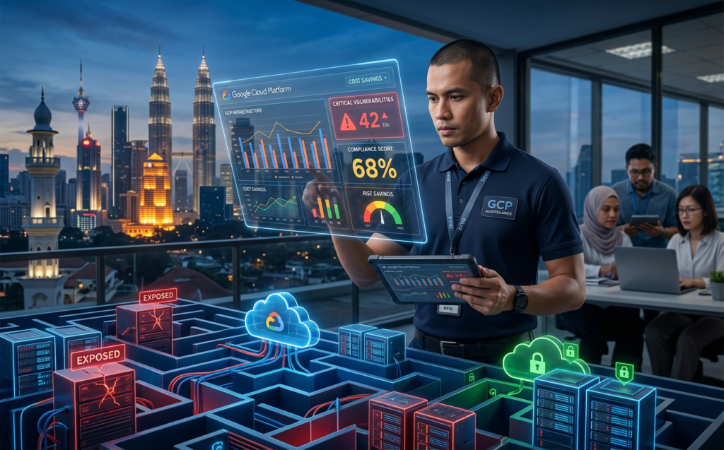 Cloud Security specialist auditing GCP infrastructure via hologram in Kuala Lumpur office.