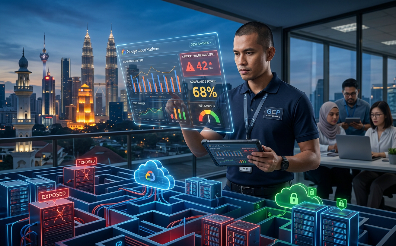 Cloud Security specialist auditing GCP infrastructure via hologram in Kuala Lumpur office.