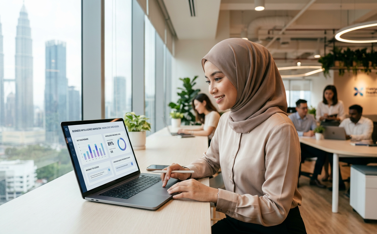 A professional business leader, smiling and optimistic, looking at a modern, clean conversational AI interface on their laptop while seated in a bright, contemporary open-plan office in Kuala Lumpur. In the background, other blurred corporate employees work with modern technology, with the distinctive KL skyline including the Petronas Towers and KL Tower visible through large windows under soft, warm lighting. The image symbolizes successful adoption of AI and the "Business Intelligence Navigator" to capture intellectual property and stop institutional brain drain.