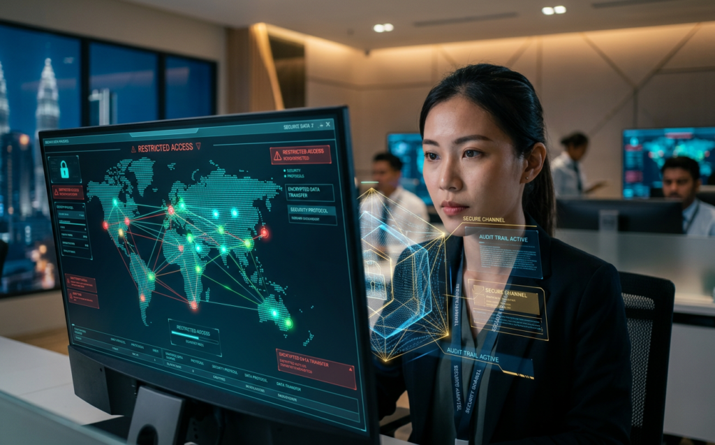 Close-up of a focused Malaysian security analyst analyzing complex document sharing paths with glowing, intuitive data visualization screens. Intriguing holographic security layers like a geometric cage and "AUDIT TRAIL ACTIVE" indicators overlay the digital map, with a modern Kuala Lumpur skyline and diverse colleagues in the warm ambient-lit corporate security center, establishing an expert and secure corporate environment.