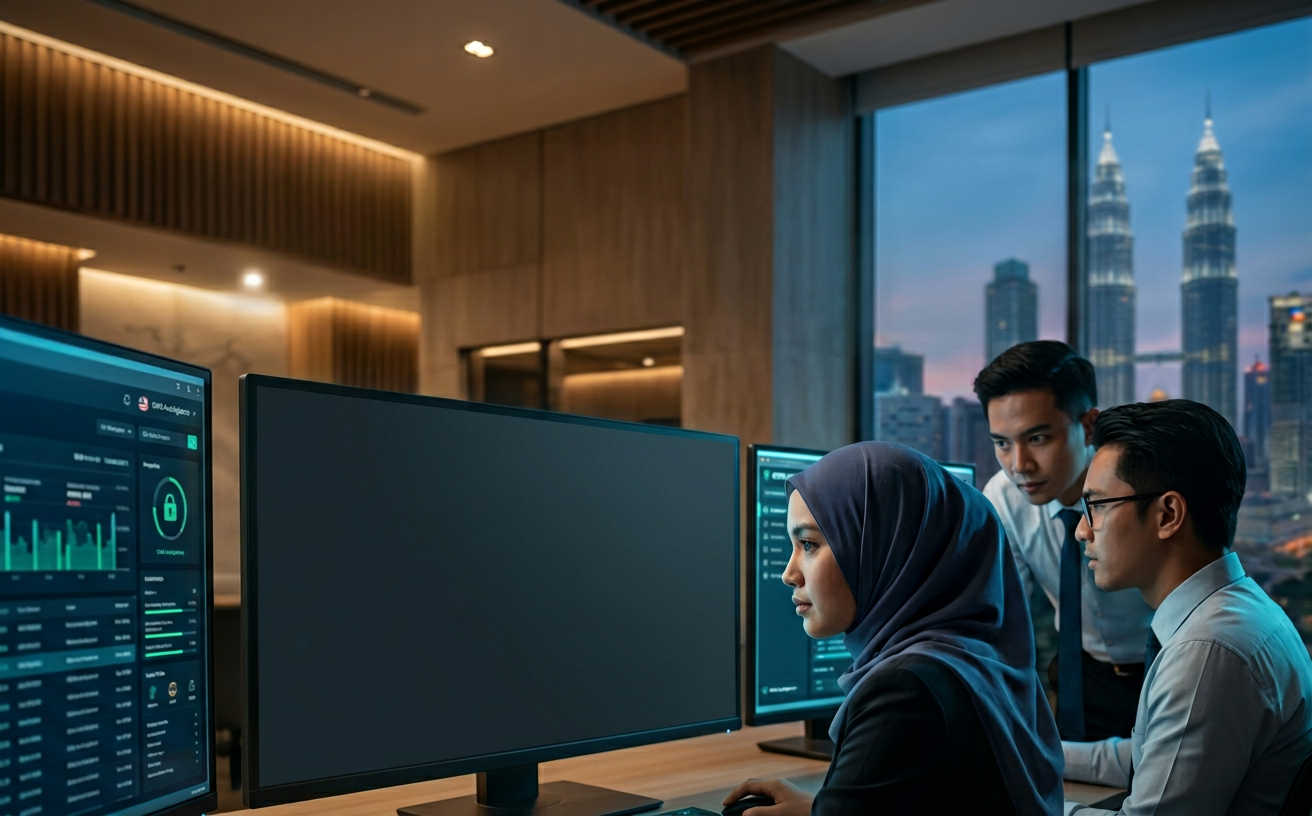 A medium-shot photo of three professional security analysts in a modern, high-tech corporate office. Two men are looking intently at a large interactive display, while a woman wearing a blue hijab sits in front, also focused on the screen. The screen is blank. Other colleagues and desks are blurred in the background, with a prominent, lit-up Petronas Towers and Kuala Lumpur city skyline visible through large windows at twilight.